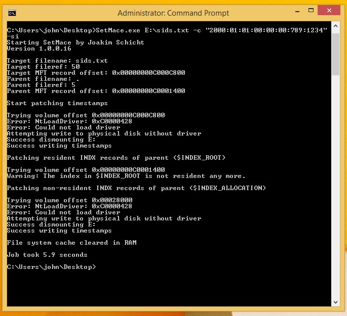 Execution of setmace tool. Creation timestamp being changed